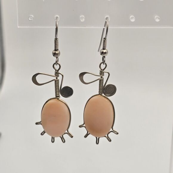 Pierced Earrings Artisan Pink Quartz Oval Stone Wired Frame Stylized Claws - Picture 7 of 8